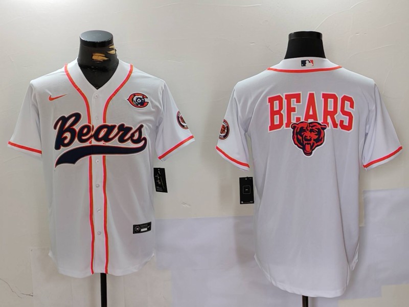 Men's Chicago Bears White Team Big Logo With Patch Cool Base Stitched Baseball Jersey Men's Chicago Bears White Team Big Logo With Patch Cool Base Stitched Baseball Jersey